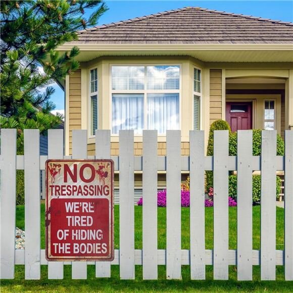 Halloween Metal Signs No Trespassing We're Tired of Hiding the Bodies Metal - Picture 4 of 8